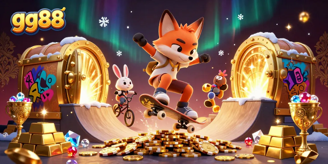Experience vibrant gaming action with gg88 in this dynamic 3D casino scene featuring playful characters.