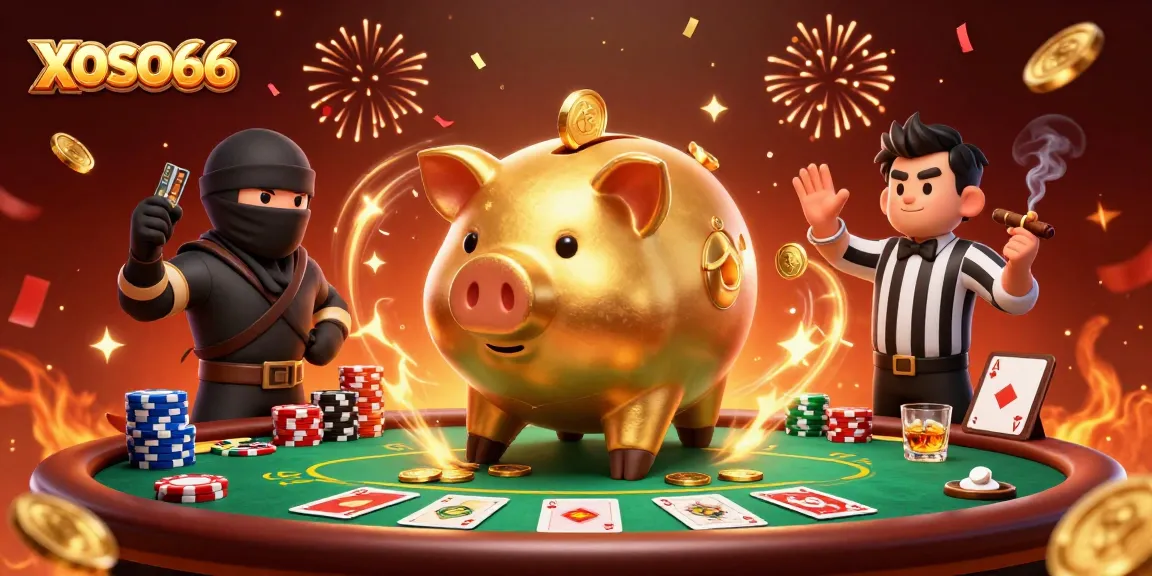 XOSO66 showcases a lively casino scene with a golden piggy bank sumo wrestler, coins flying, and poker elements.