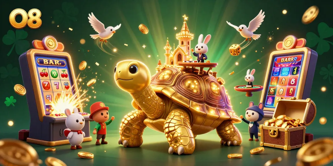 Experience the excitement of O8 with a vibrant casino scene featuring a golden tortoise and jackpot elements.