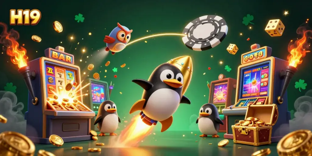 Experience the excitement of H19 as a golden penguin soars towards a casino space station.