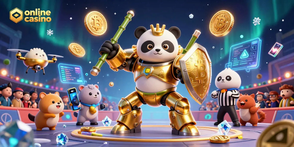 Engage with an online casino featuring a golden panda mech suit and cryptocurrency elements.
