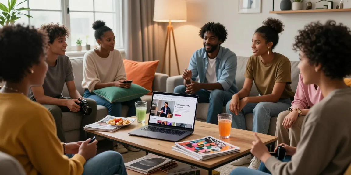 Engaging casual scene discussing erome leaks in a cozy living room with friends and online content.