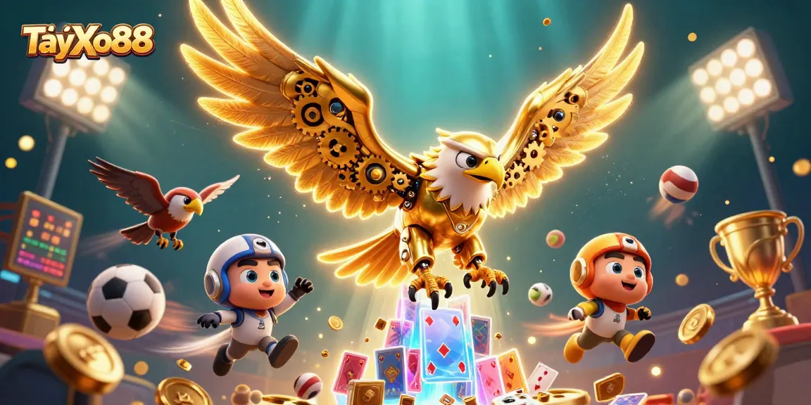 TảiXo88 elevates the gaming experience featuring a golden eagle amidst flying sports elements.