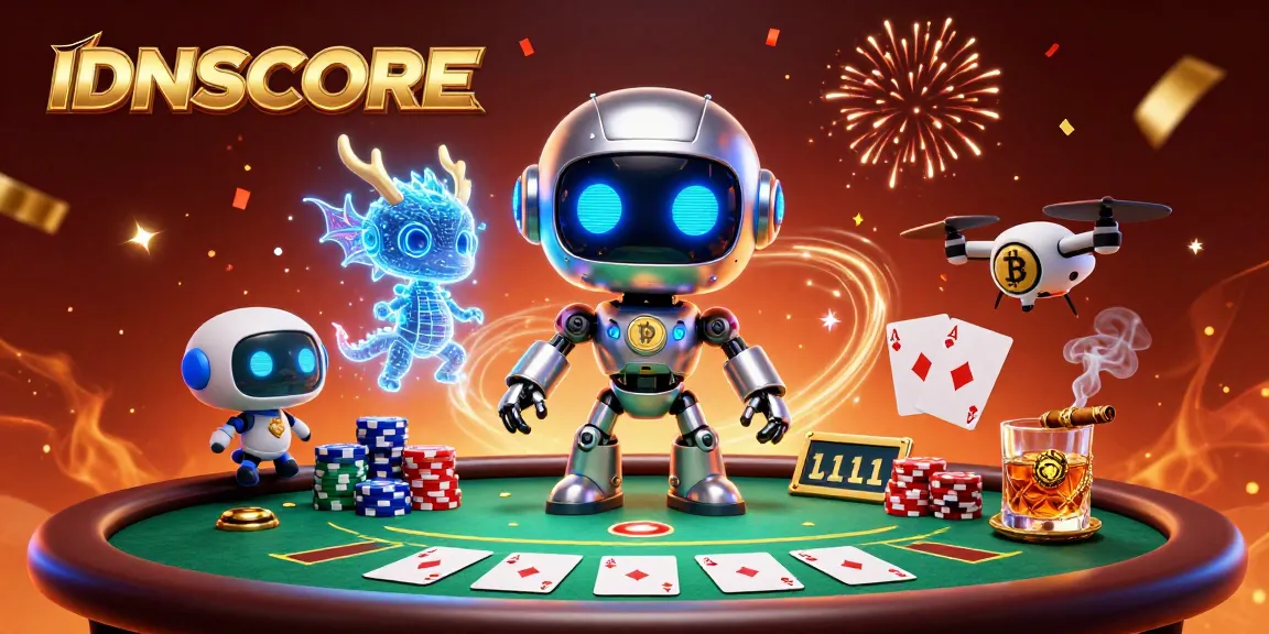 Experience the thrill of IDNSCORE with a robot mascot and poker action in a vibrant casino scene.
