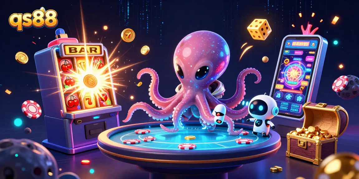 qs88 alien octopus playing poker at a holographic table surrounded by slot machine explosions