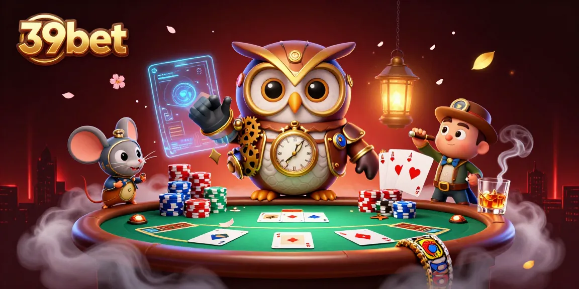 Engage with thrilling 39bet casino experiences featuring a steampunk owl with poker elements.