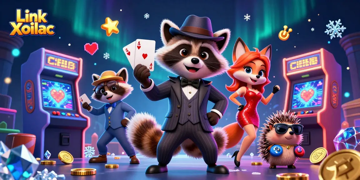 Earn rewards with Link Xoilac in a vibrant casino scene featuring charming characters.