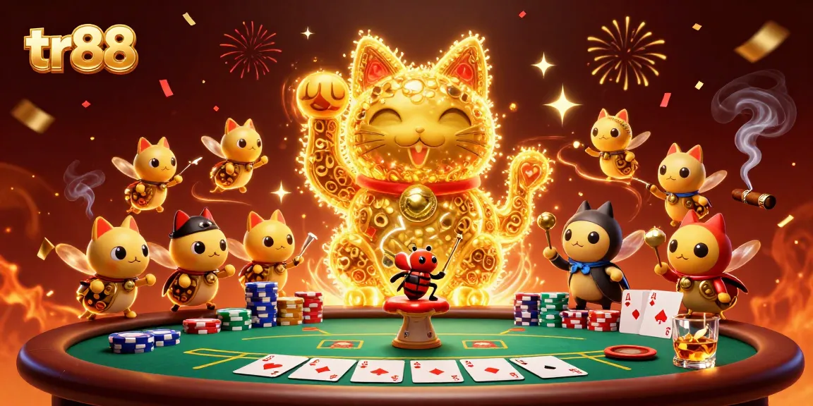 Experience thrilling poker action with tr88 as vibrant fireflies shape a lucky cat amidst casino symbols.