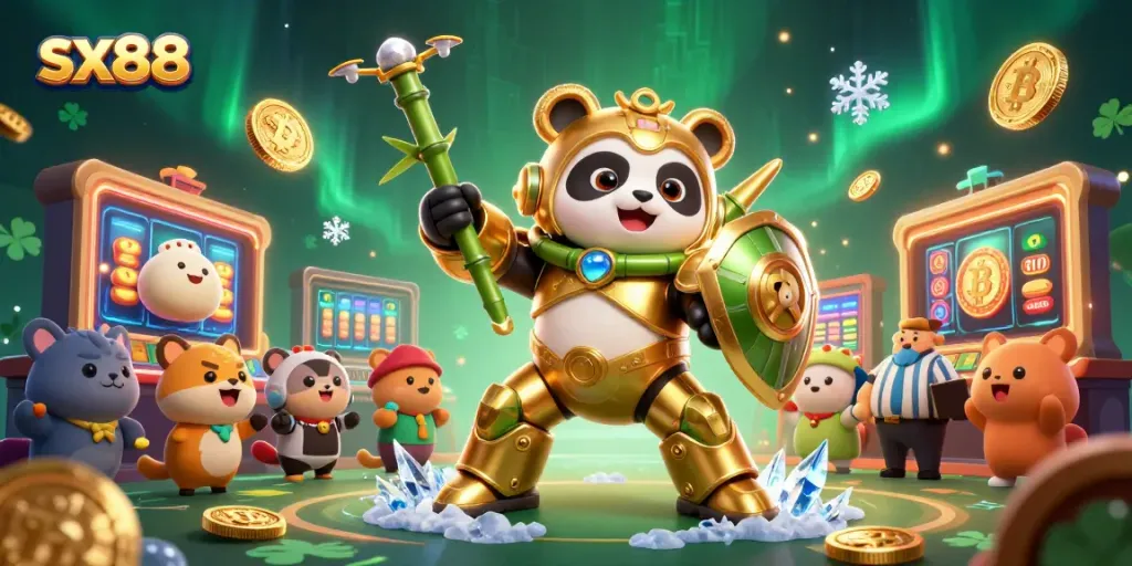 Engage in excitement at sx88 with golden panda hero battling in a dazzling casino arena, surrounded by vibrant elements.