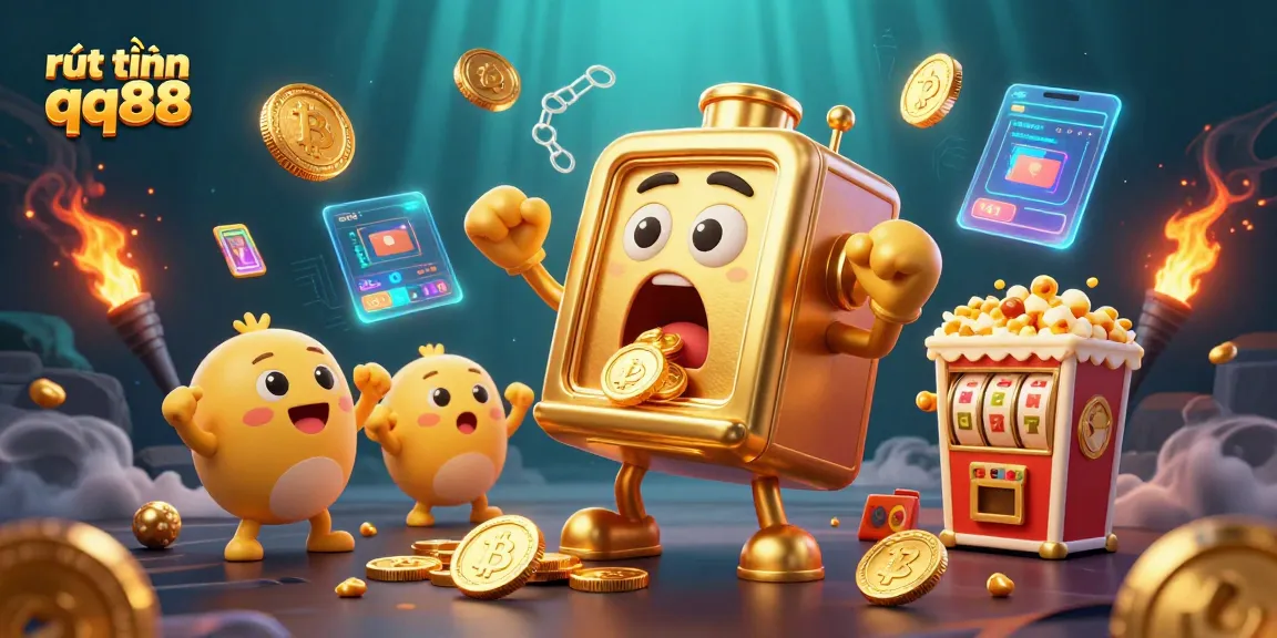 Engage in rút tiền qq88 with a dynamic casino scene featuring cheerful slot machines and glowing crypto elements.