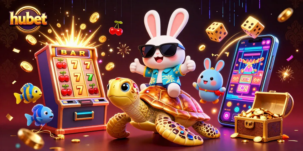 Experience thrilling wins with hubet in this vivid 3D illustration of a lucky rabbit and turtle!