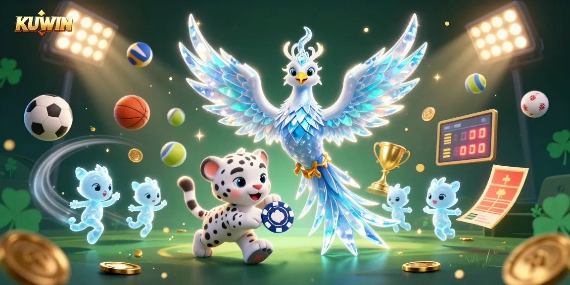 KUWIN betting scene with an ice phoenix, poker chip, and energetic sports elements.