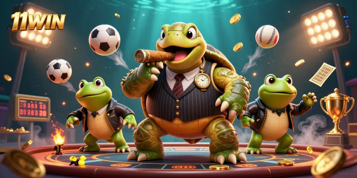 Experience the thrill of betting with 11WIN in this dynamic 3D casino scene featuring colorful sports elements.