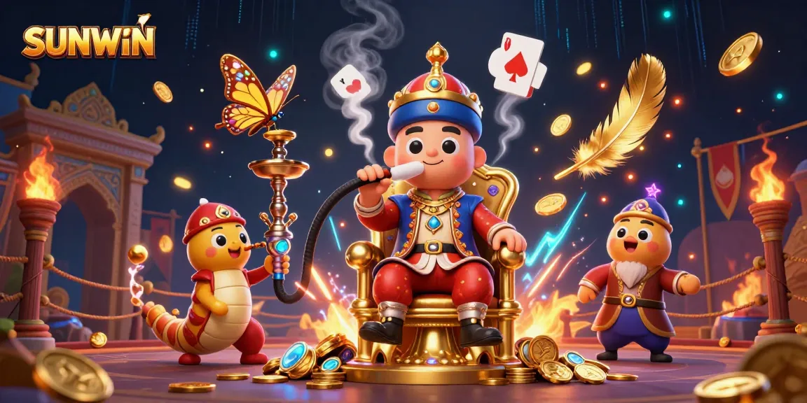 SUNWIN casino scene with vibrant characters and dynamic gaming elements showcasing poker hand symbols.