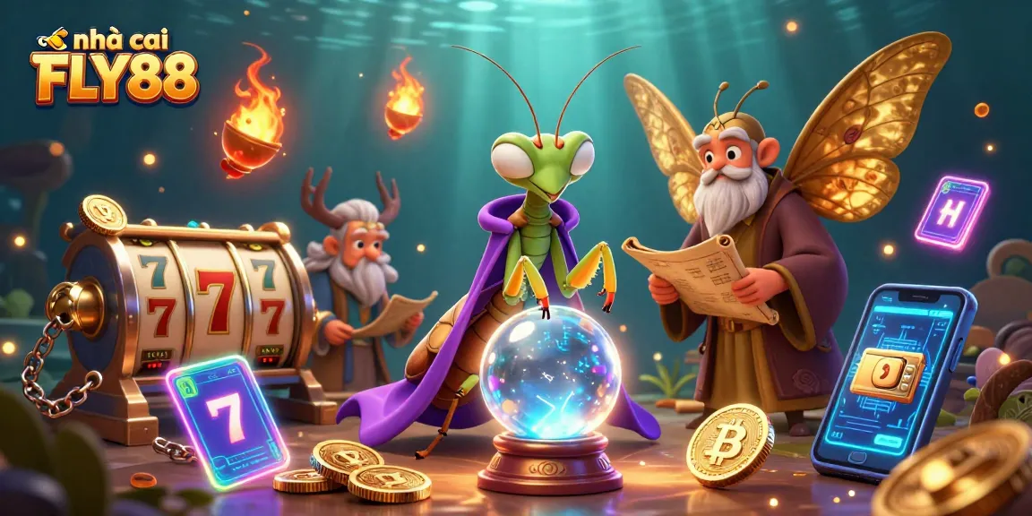 Experience excitement with nhà cái FLY88 as a mystical fortune teller shares insights in a 3D casino illustration.