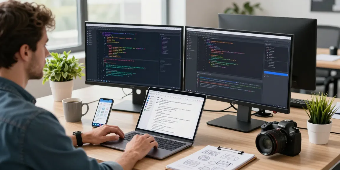 Developer coding on dual monitors at telegraimin.com workspace, showcasing innovative tech in a modern office environment.