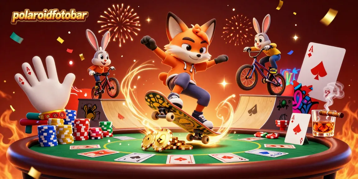 Experience casino thrills with polaroidfotobar's 3D fox skateboarder and colorful poker elements.