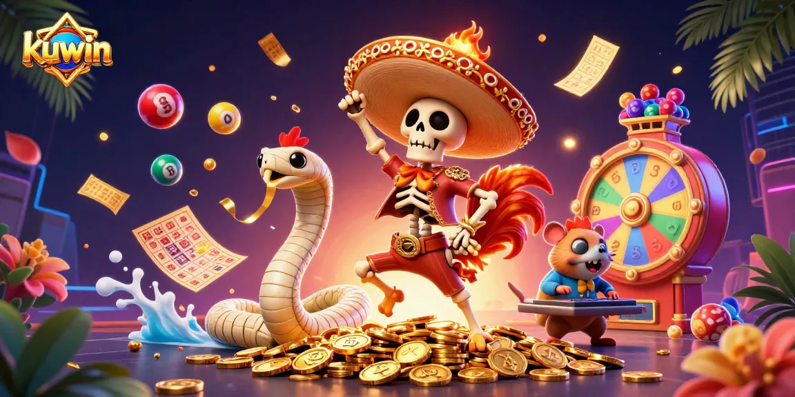 Kuwin's vibrant online casino scene capturing a triumphant victory dance amid gold coins and colorful lottery elements.