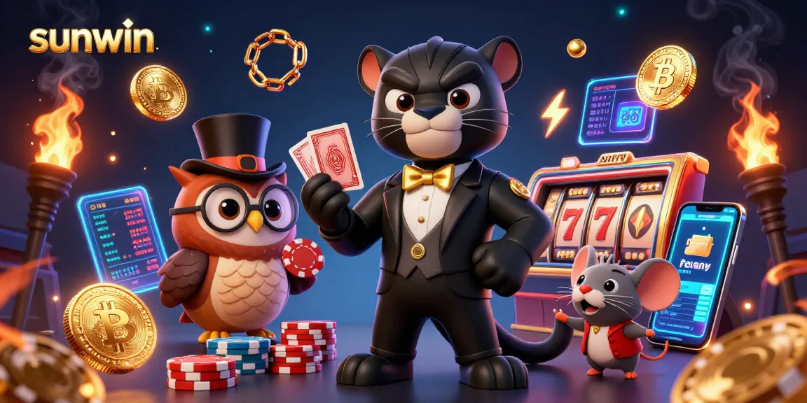 Experience the excitement of sunwin with stylish characters in a vibrant 3D casino setting, showcasing dynamic games and crypto elements.