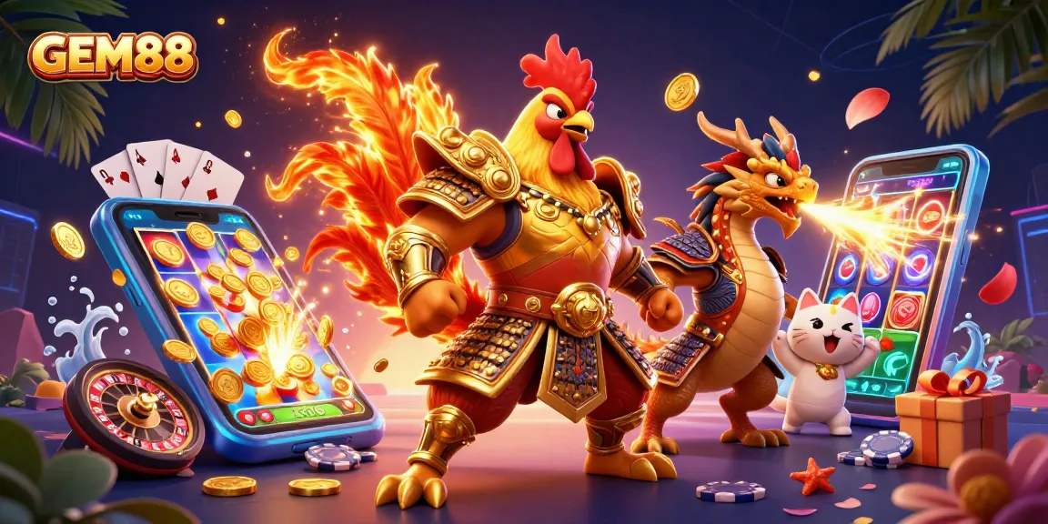 Experience the thrill of wins with GEM88 in this vibrant 3D illustration featuring captivating casino elements.