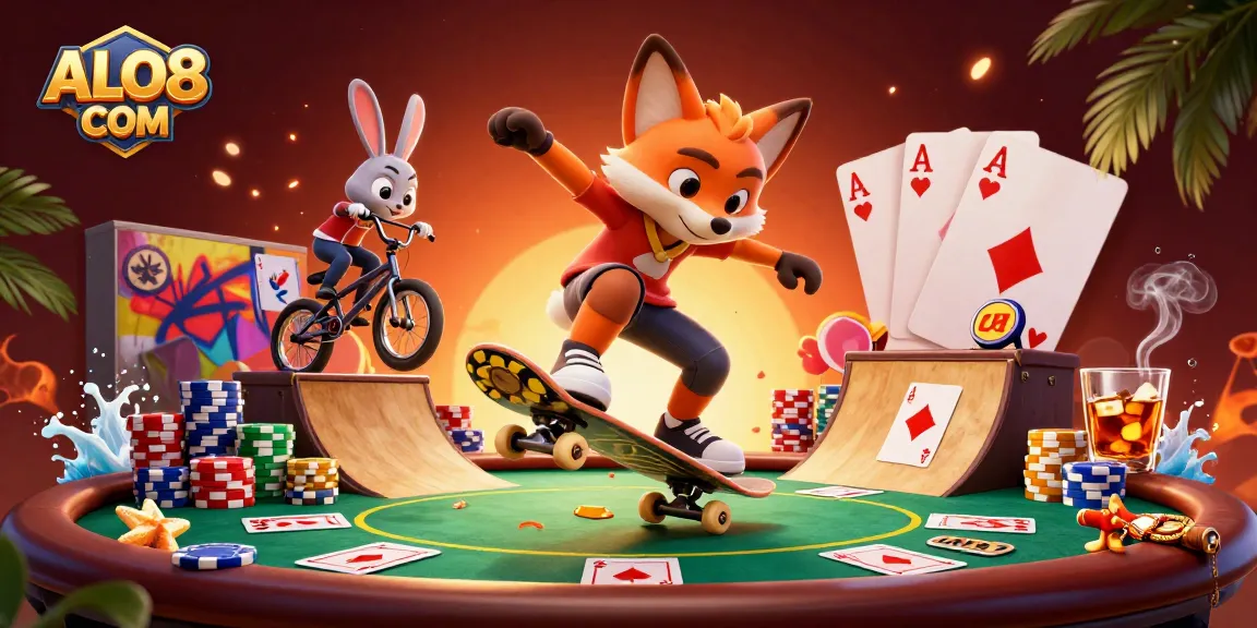 Experience the thrills at ALO8 COM with dynamic casino adventure featuring playful characters amidst vibrant gaming elements.