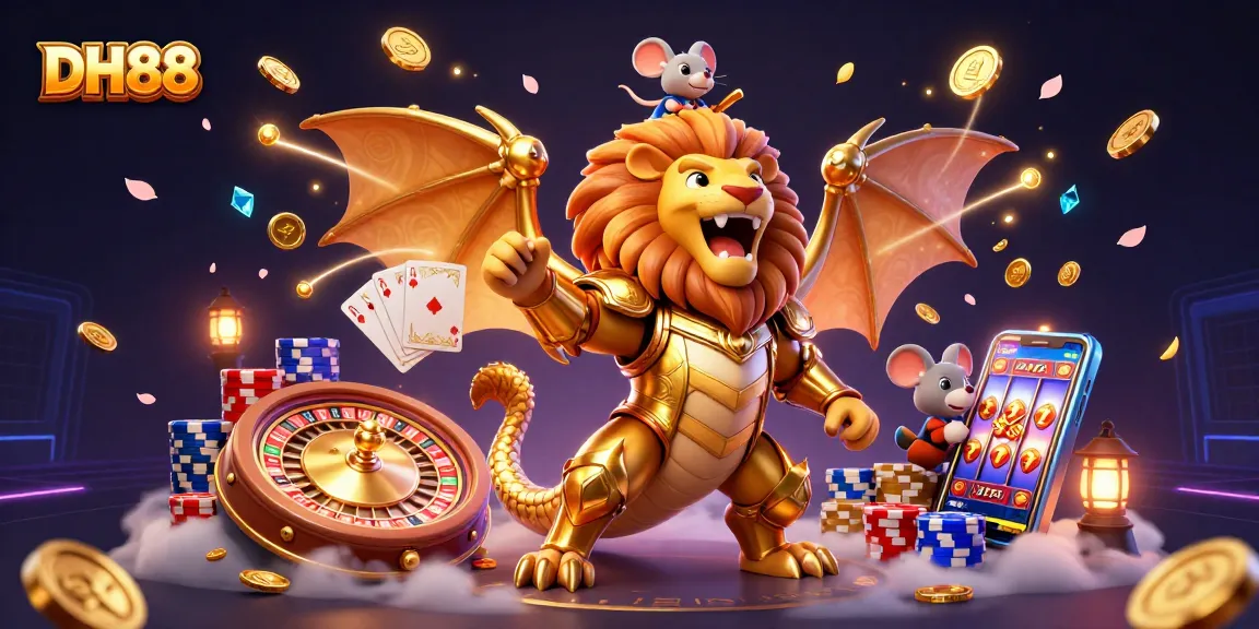 Enhance your gameplay with DH88's dynamic casino scene including golden coins, roulette, and vibrant poker chips.