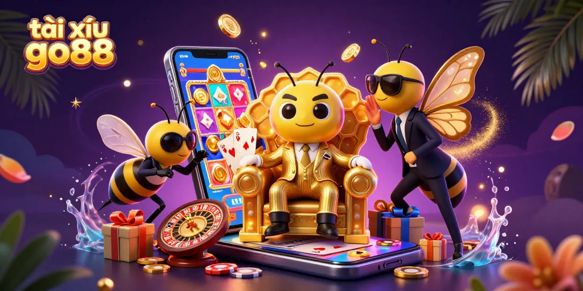 Tài xỉu go88 offers high-energy gameplay with vibrant 3D casino illustration featuring a bumblebee mob boss.