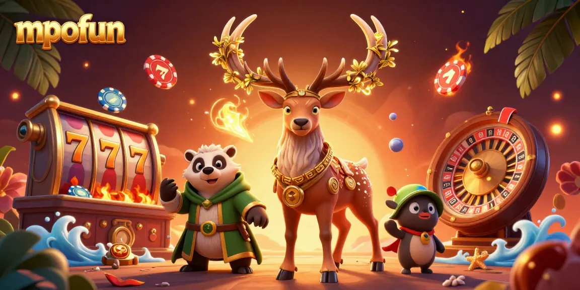 Engage in thrilling gameplay at mpofun with vibrant casino elements like slot reels and poker chips.