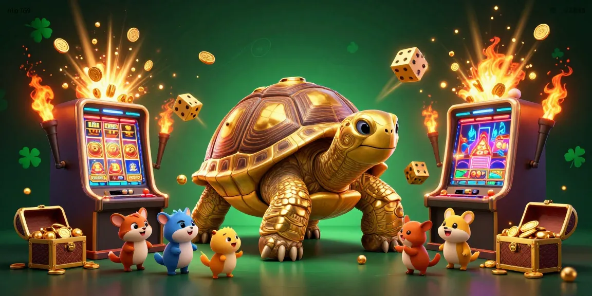 Experience thrilling games at ALo 789 with a vibrant illustration showcasing golden tortoise and slot machines.