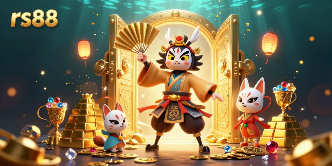Engage with rs88's online casino magic, where vibrant gaming characters unite amidst treasures.
