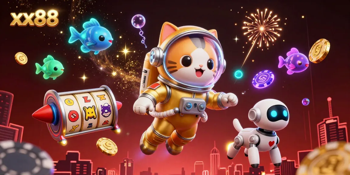 Experience thrilling action with xx88 in this dynamic casino-themed 3D illustration featuring characters and vibrant game elements.