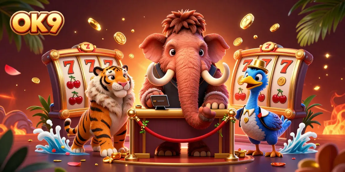 Experience exciting casino action at OK9 with a lively scene featuring unique characters and vibrant game elements.