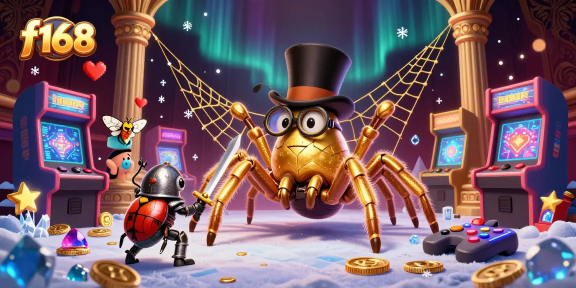 Experience the vibrant gaming world of f168, featuring a giant golden tarantula and heroic beetle in an immersive casino scene.