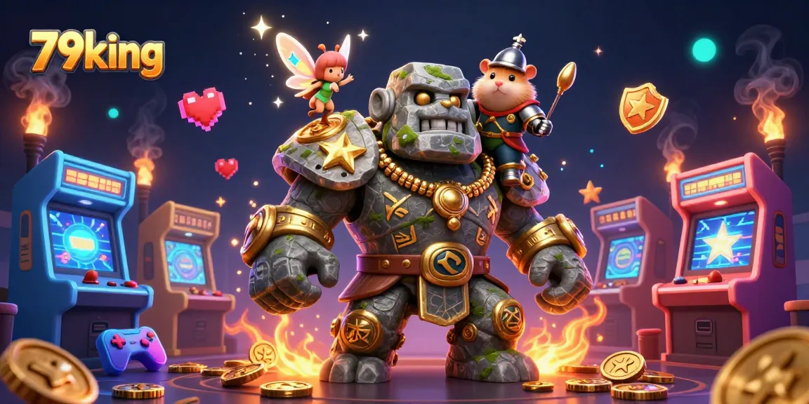 Experience the thrilling world of 79king with a magical golem and a knight amid vibrant casino elements.