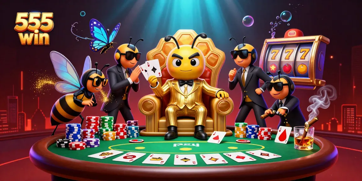 Engage in thrilling 555 win action with a cartoon mob boss and colorful game elements.