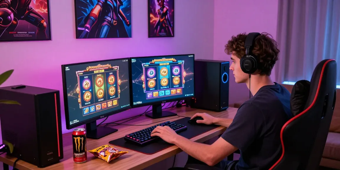 Engaged gamer at home enjoying slot depo 5k games on dual monitors, energized environment.