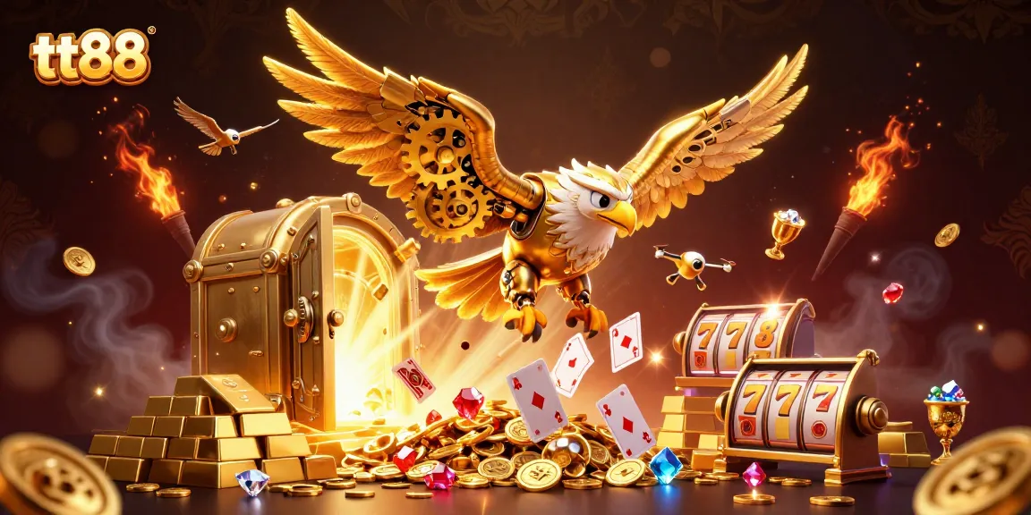 Experience thrilling tt88 gameplay with a vibrant scene of a golden eagle amidst casino treasures and action.