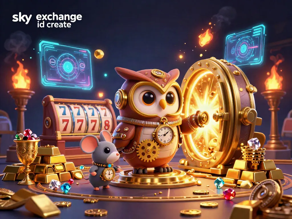 Engage with the thrilling scene of a 3D cartoon time-traveler owl in steampunk gear revealing the vibrant world of sky exchange id create.