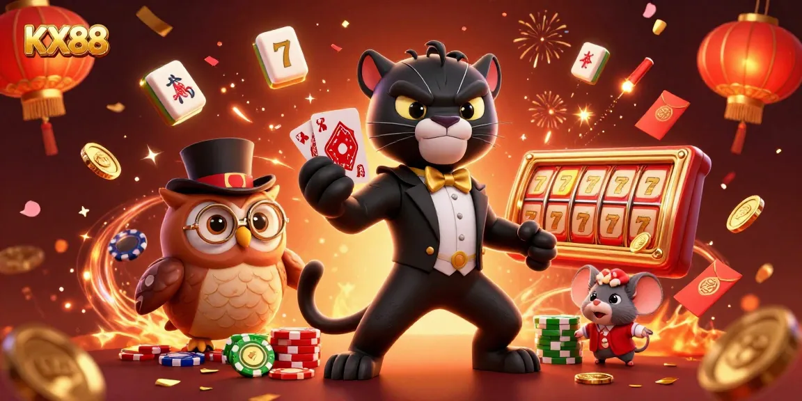 Engage with exciting slots and jackpot thrills at KX88, featuring vibrant characters in a lively casino scene.