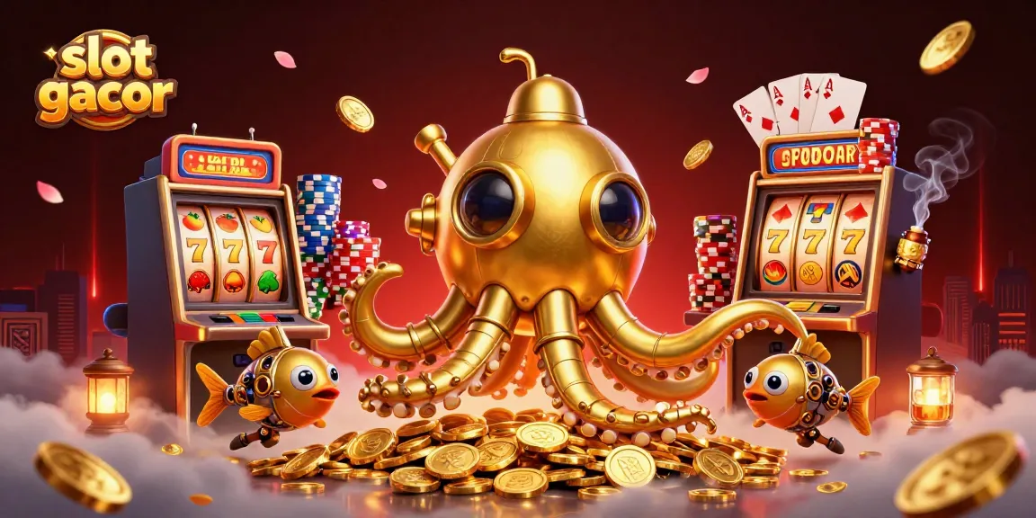 Engage with slot gacor through a vibrant 3D scene of a kraken submarine amidst golden coins.