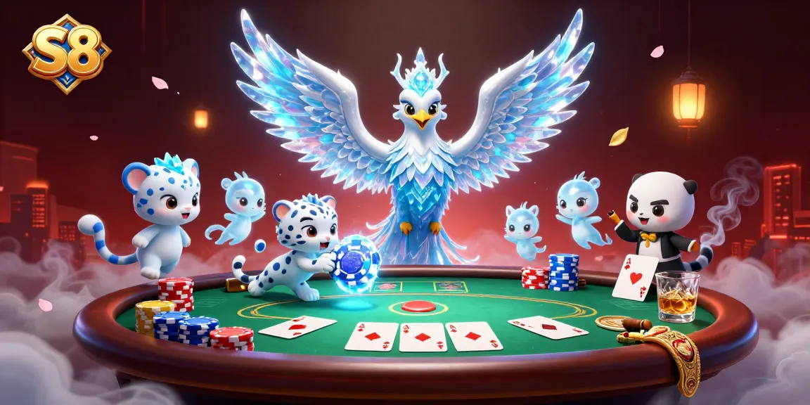 Experience gaming excitement with S8's dynamic ice phoenix illustration amidst vibrant casino elements.