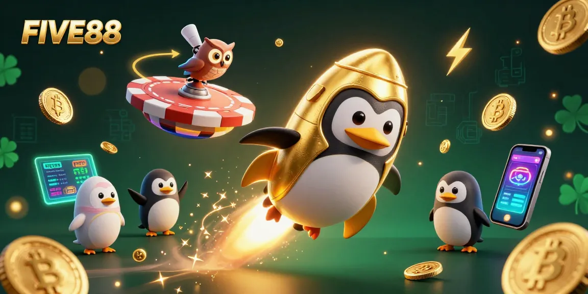 Join the excitement at FIVE88, where a thrilling casino adventure awaits among digital coins and vibrant game elements.