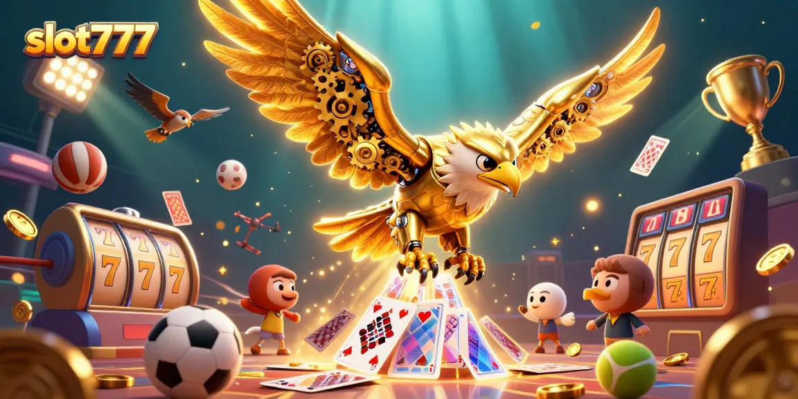 Win big with slot777 as a golden eagle dives through holographic slots and sports elements.