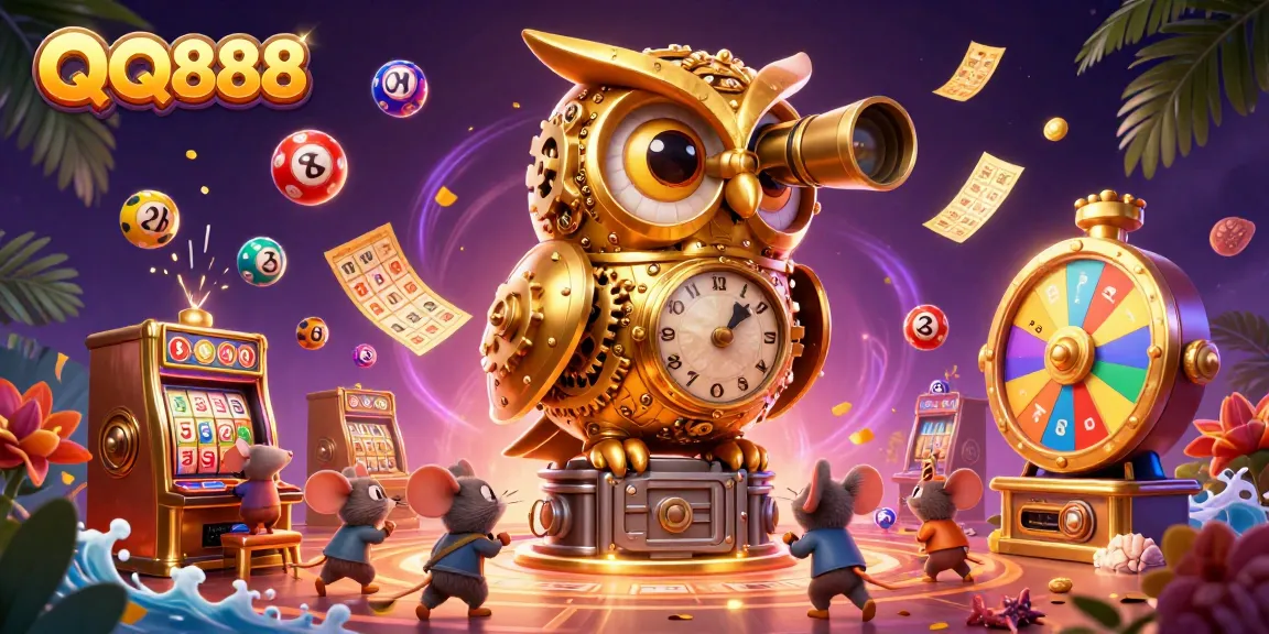 Experience thrilling entertainment at QQ888 with a vibrant casino scene, including a golden owl and lively game elements.
