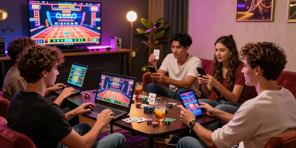 Casinos not on gamstop - friends playing online casino games together in a vibrant, inviting atmosphere.