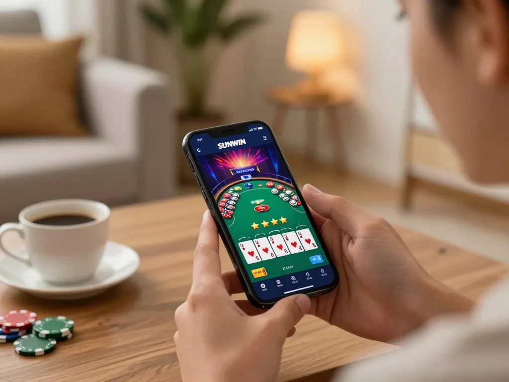SUNWIN user engaging in online casino gameplay, showcasing vibrant poker game interface