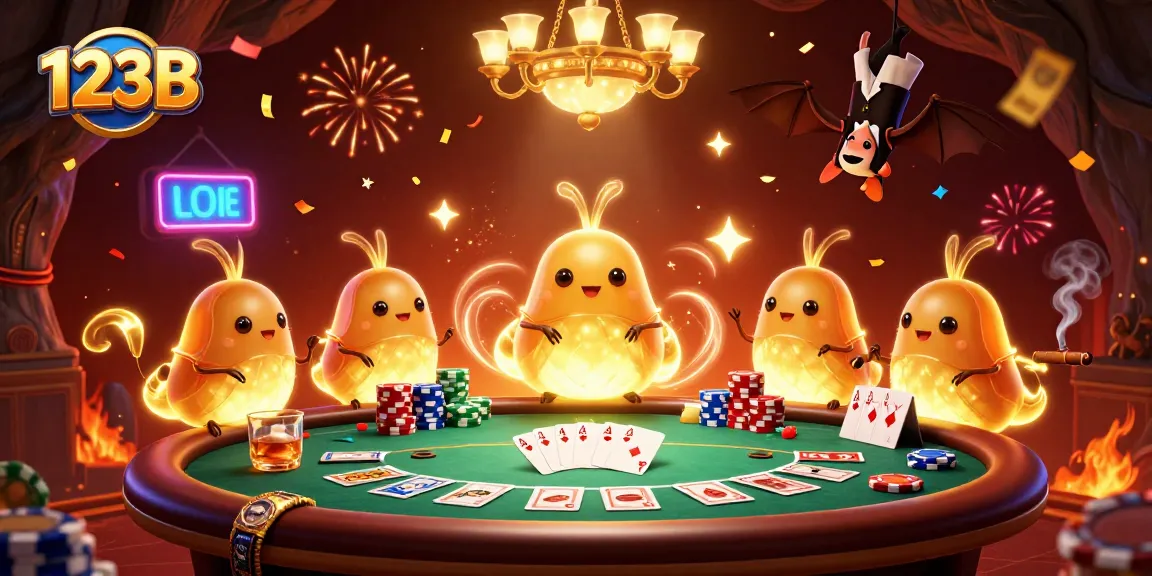 123B poker scene with glowworms lighting up a casino, offering exciting gameplay.