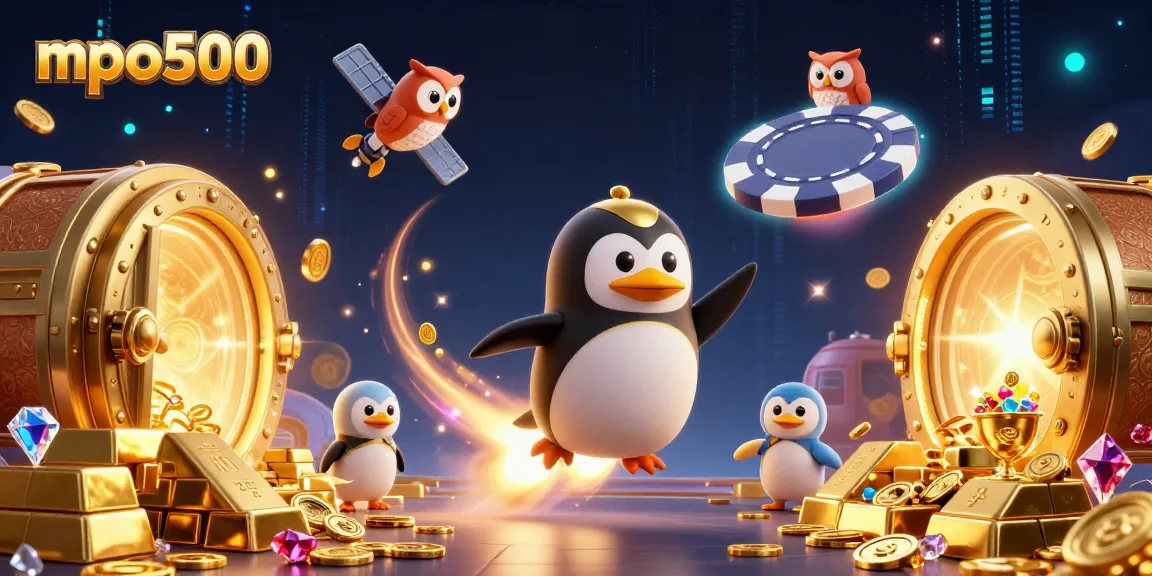 Join the excitement of mpo500 with a penguin rocket soaring toward a vibrant casino!
