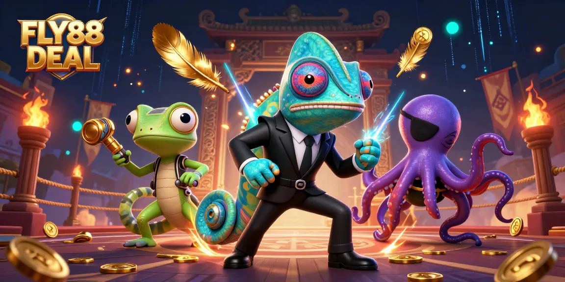 Play thrilling games at FLY88 DEAL with colorful characters vying for jackpot rewards in a vibrant casino setting.