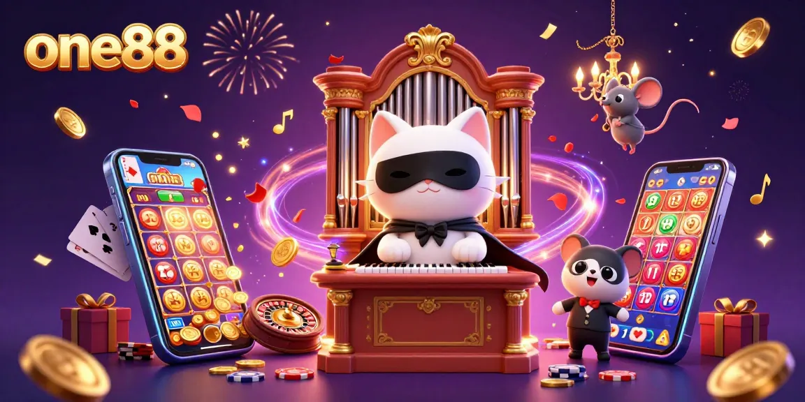 Experience thrilling slot games with one88's captivating casino celebration illustration.